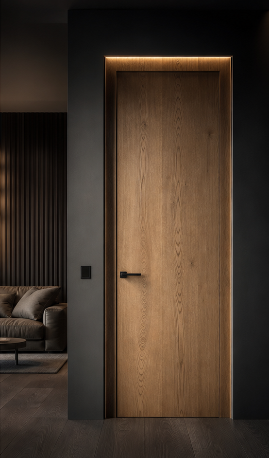 Minimal wooden door with soft architectural light
